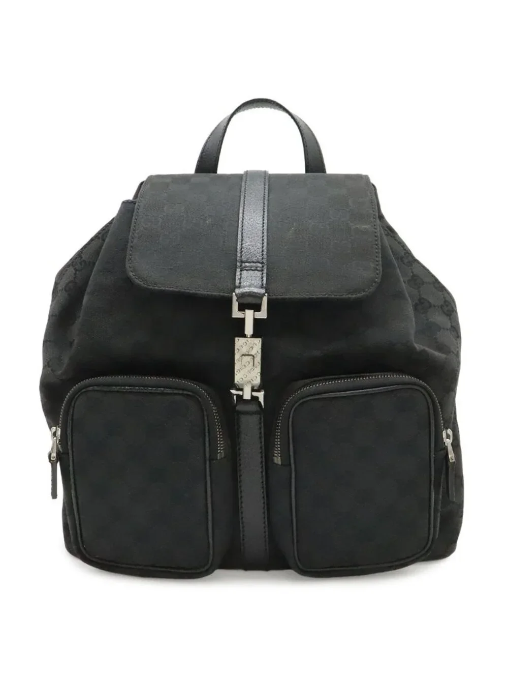 Gucci GG Canvas Jackie Line Backpack Leather Black Silver